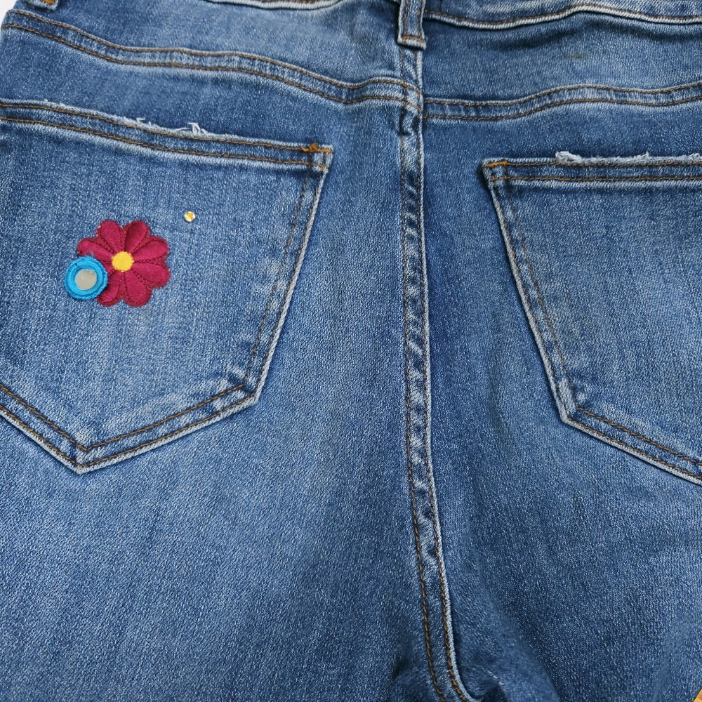 RISEN Los Angeles Flared Blue Jeans Distressed Patched Upcycled Denim Size 26 /3 - Picture 16 of 16